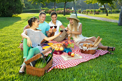 Vier Freundestoßen bei einem Picknick im Park an