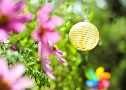 Deko mit Blumen und Lampion