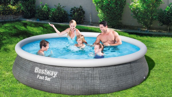 BESTWAY Fast Set Pool, grau (Rattanoptik), TriTech, Ø 396 x 84 cm, mit Filterpumpe, selbstaufbauend